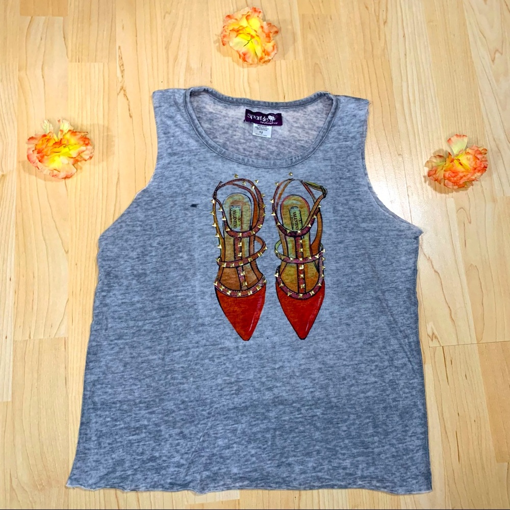 Valentino Gray Tank Top with Red and Brown Shoe Design